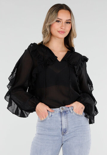 Zwarte Chiffon Blouse met Ruches