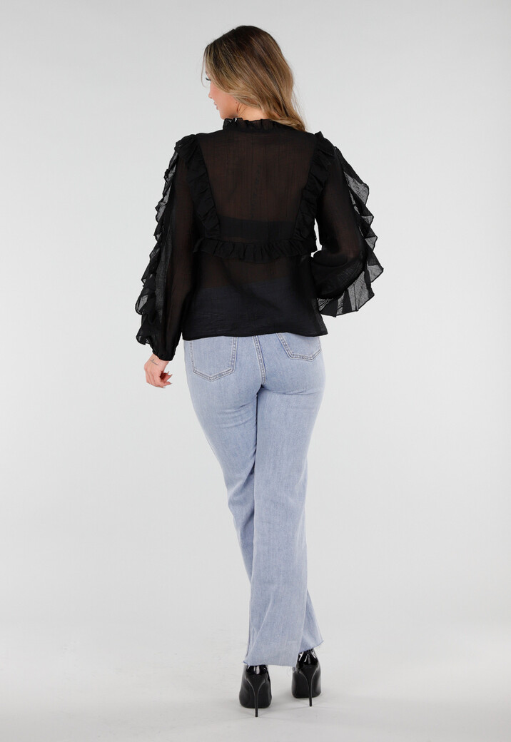 Zwarte Chiffon Blouse met Ruches