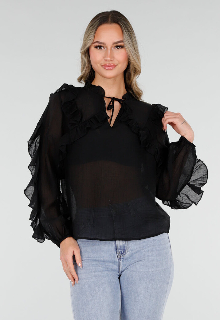 Zwarte Chiffon Blouse met Ruches