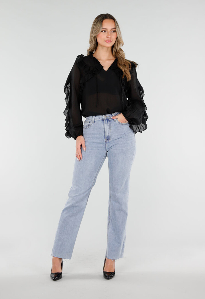 Zwarte Chiffon Blouse met Ruches