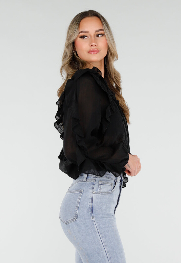 Zwarte Chiffon Blouse met Ruches