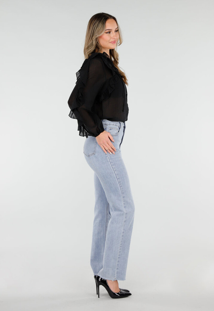 Zwarte Chiffon Blouse met Ruches