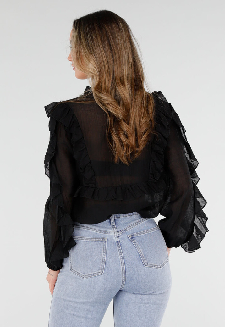 Zwarte Chiffon Blouse met Ruches