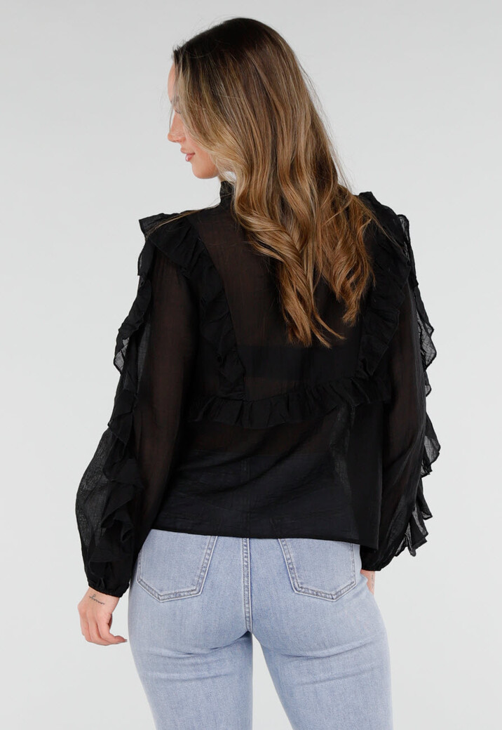 Zwarte Chiffon Blouse met Ruches
