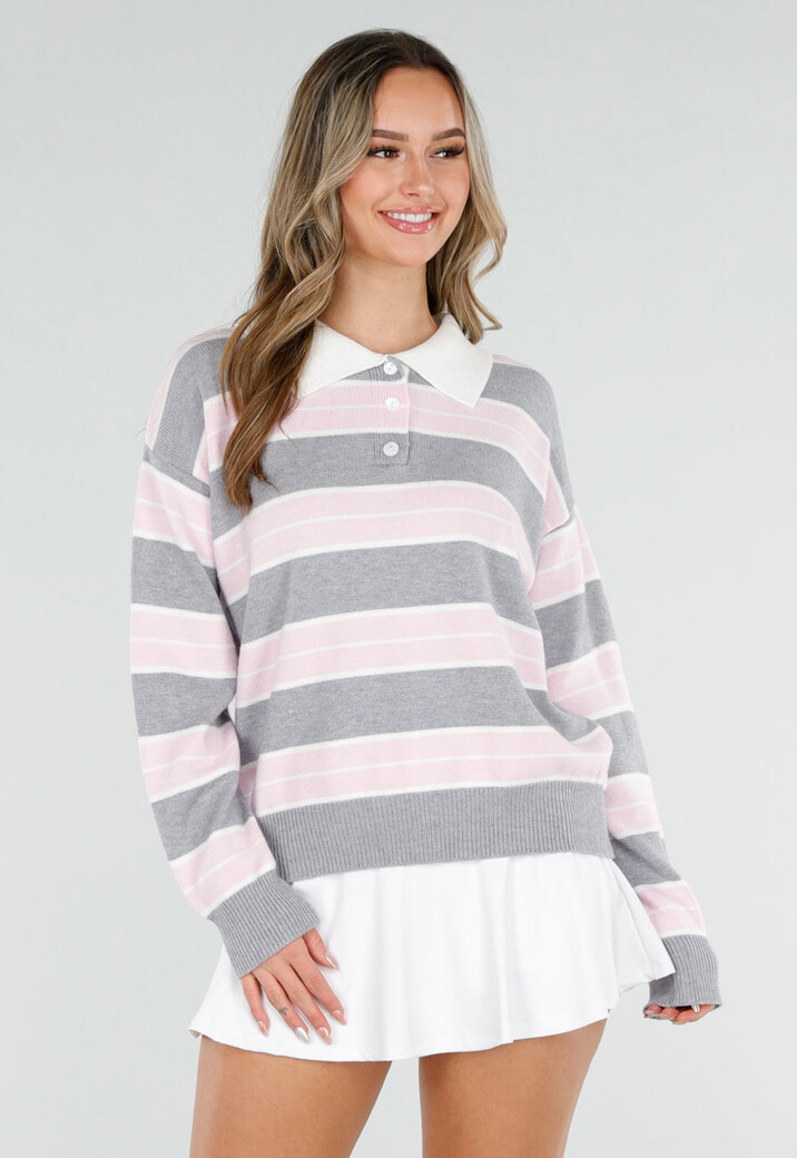 Grijs Roze Gestreepte Trui met Kraag