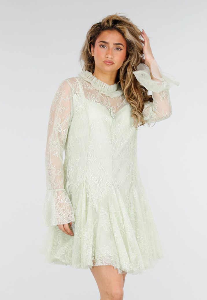 Mintgroene Kanten Jurk met Lange Mouwen
