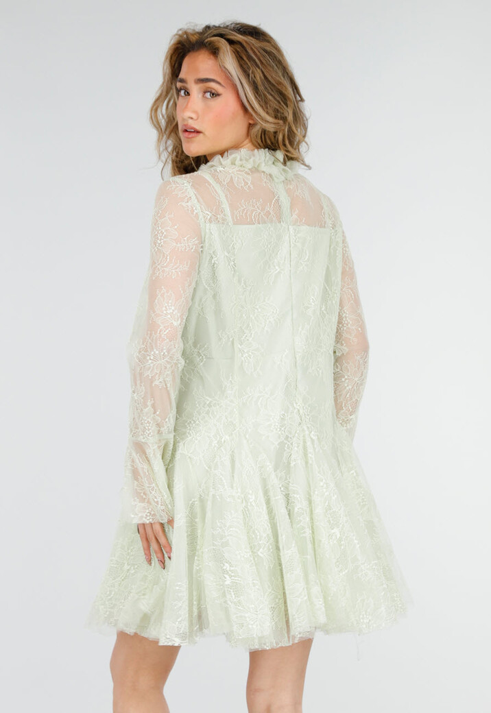 Mintgroene Kanten Jurk met Lange Mouwen