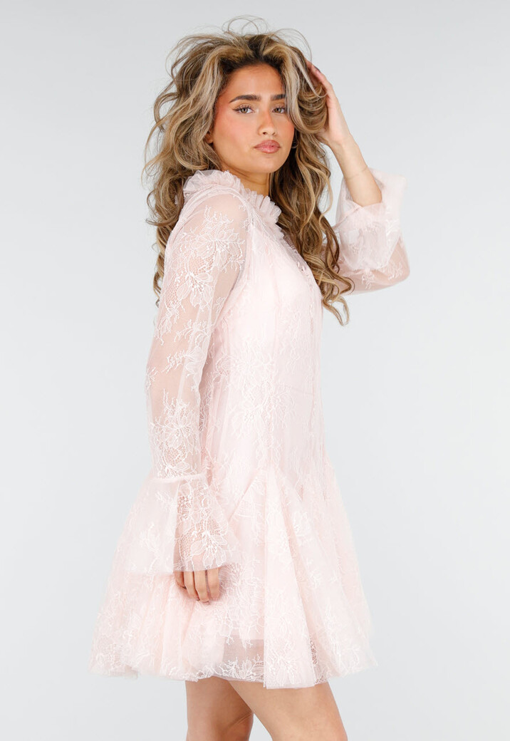 Lichtroze Kanten Jurk met Lange Mouwen