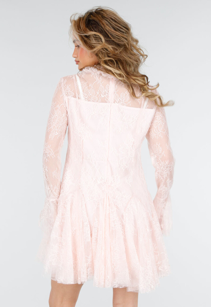 Lichtroze Kanten Jurk met Lange Mouwen
