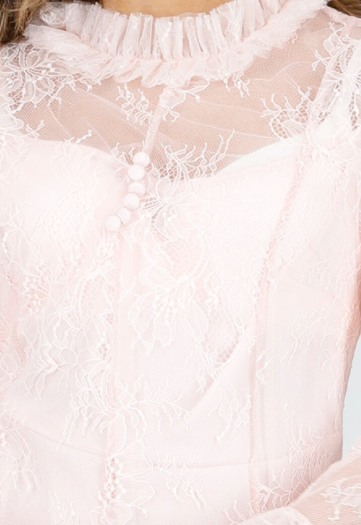 Lichtroze Kanten Jurk met Lange Mouwen