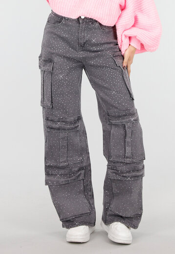 Grijze Cargo Broek met Strass Steentjes