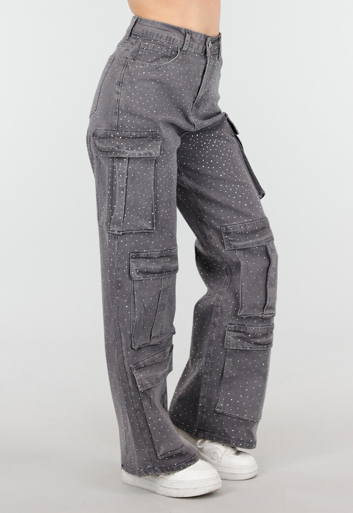 Grijze Cargo Broek met Strass Steentjes