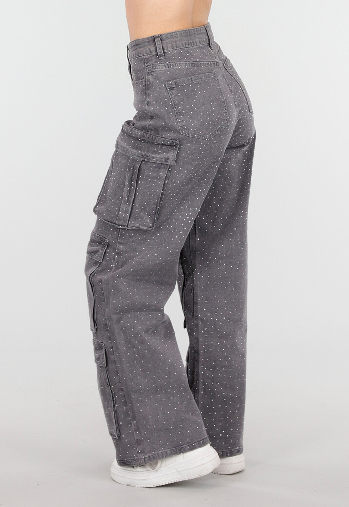 Grijze Cargo Broek met Strass Steentjes