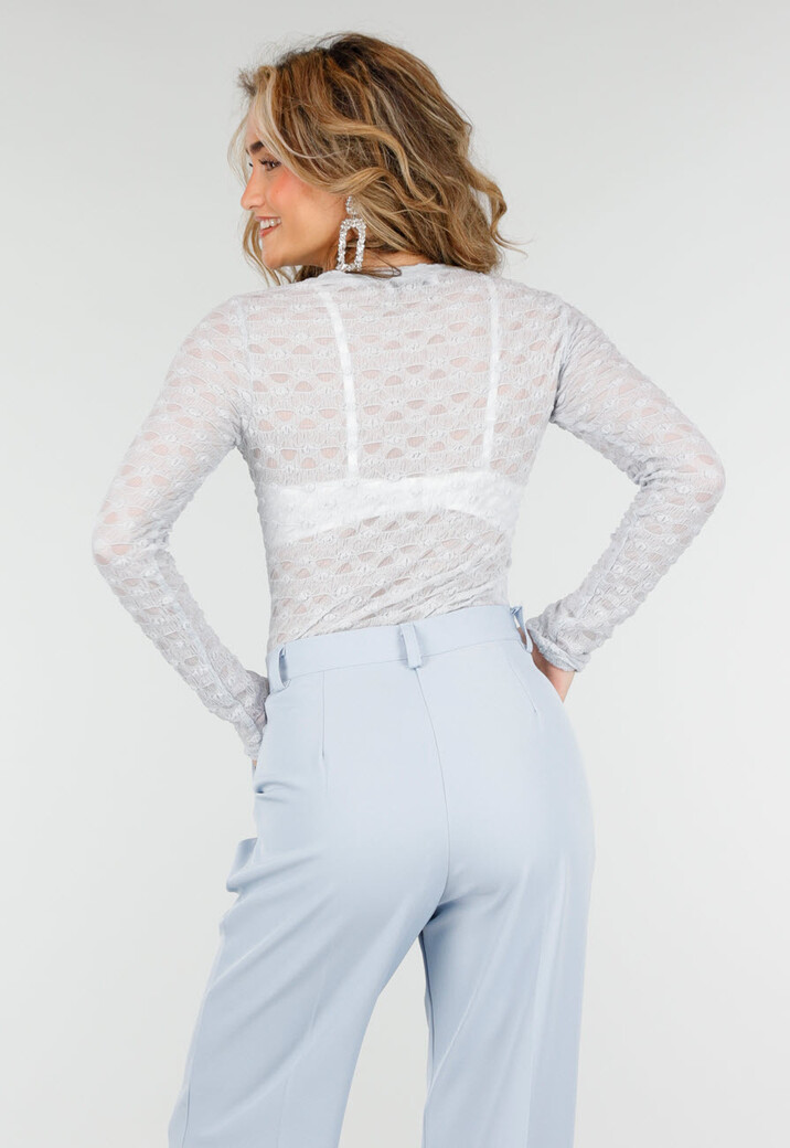 Lichtblauwe Mesh Body met Lange Mouwen met Stretch