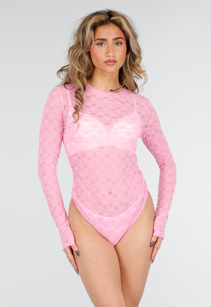Roze Mesh Body met Lange Mouwen met Stretch