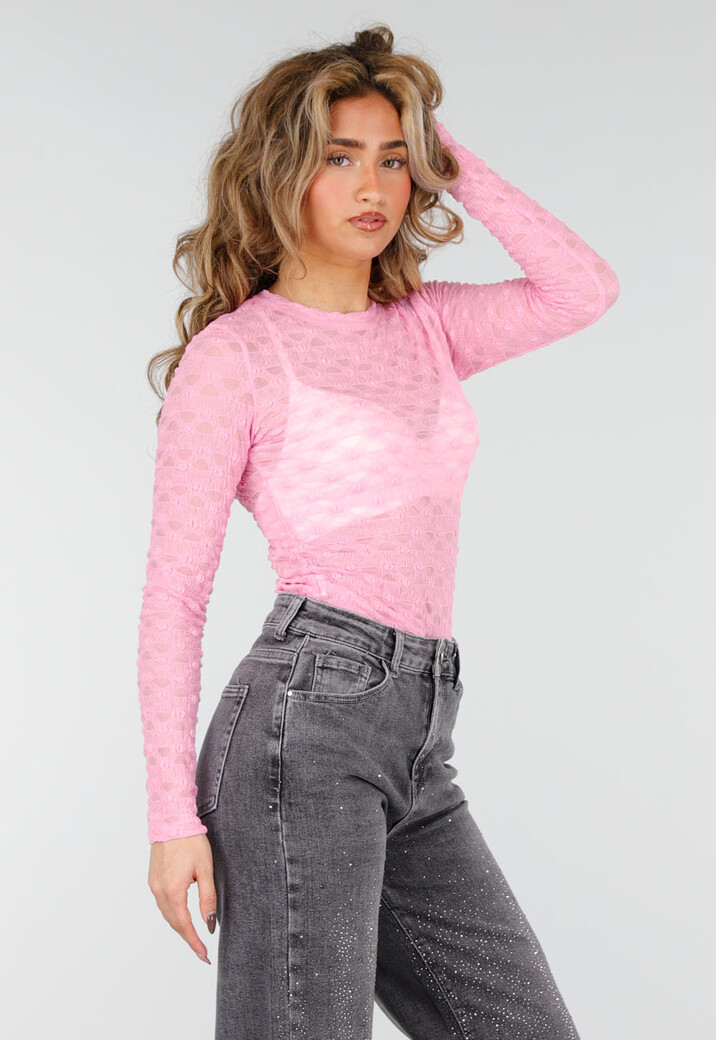 Roze Mesh Body met Lange Mouwen met Stretch