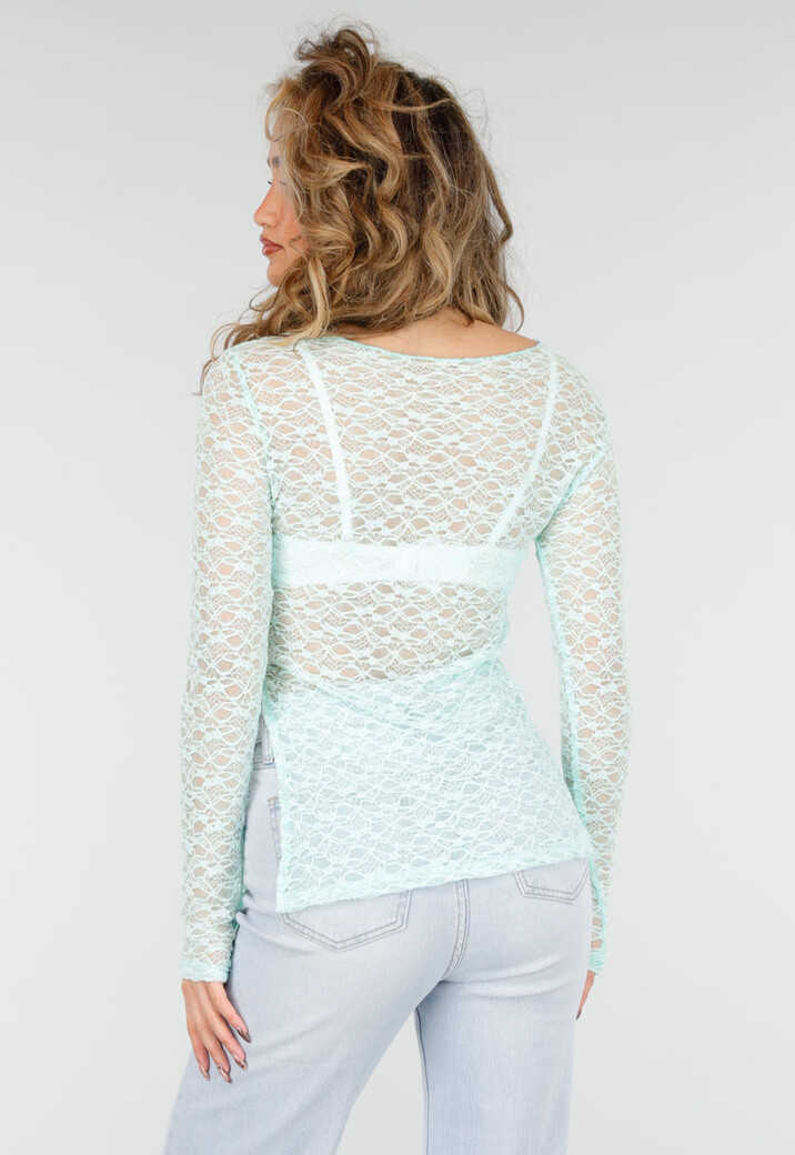 Mintgroene Kanten Top met Lange Mouwen en Stretch