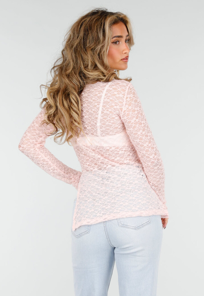 Lichtroze Kanten Top met Lange Mouwen met Stretch