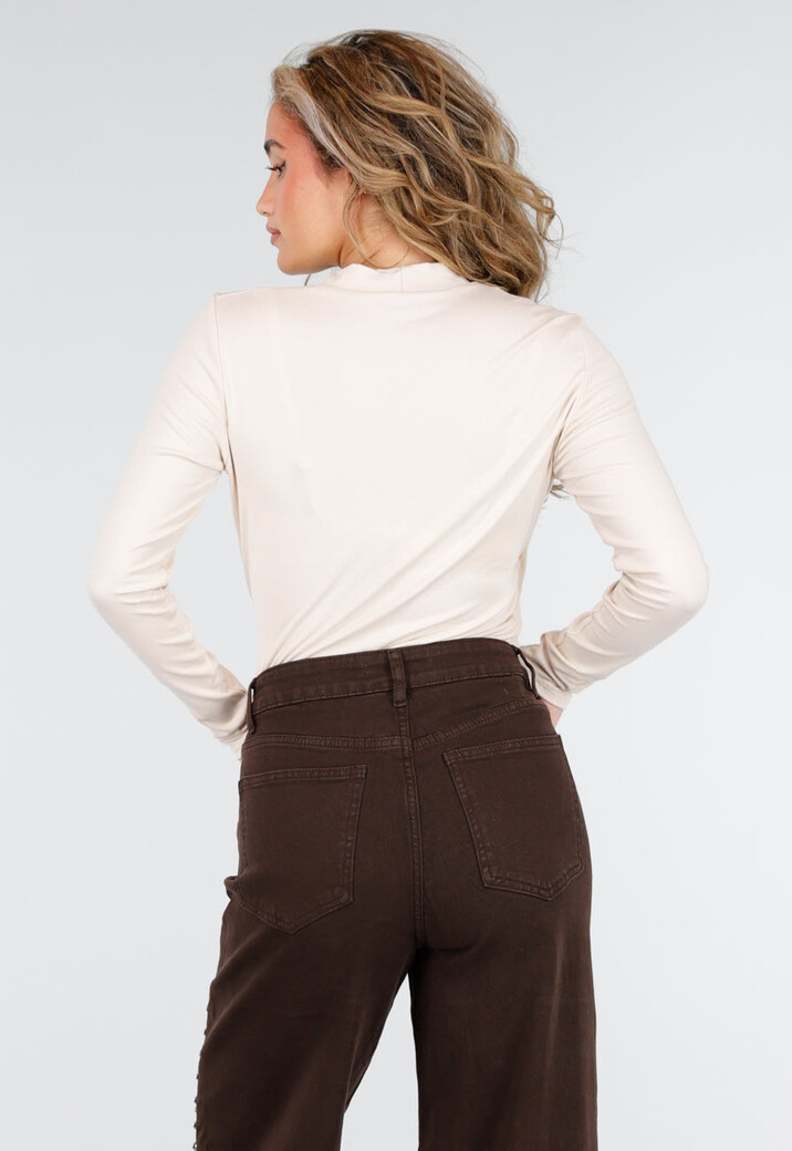 Beige Overslag Top met Lange Mouwen en Stretch