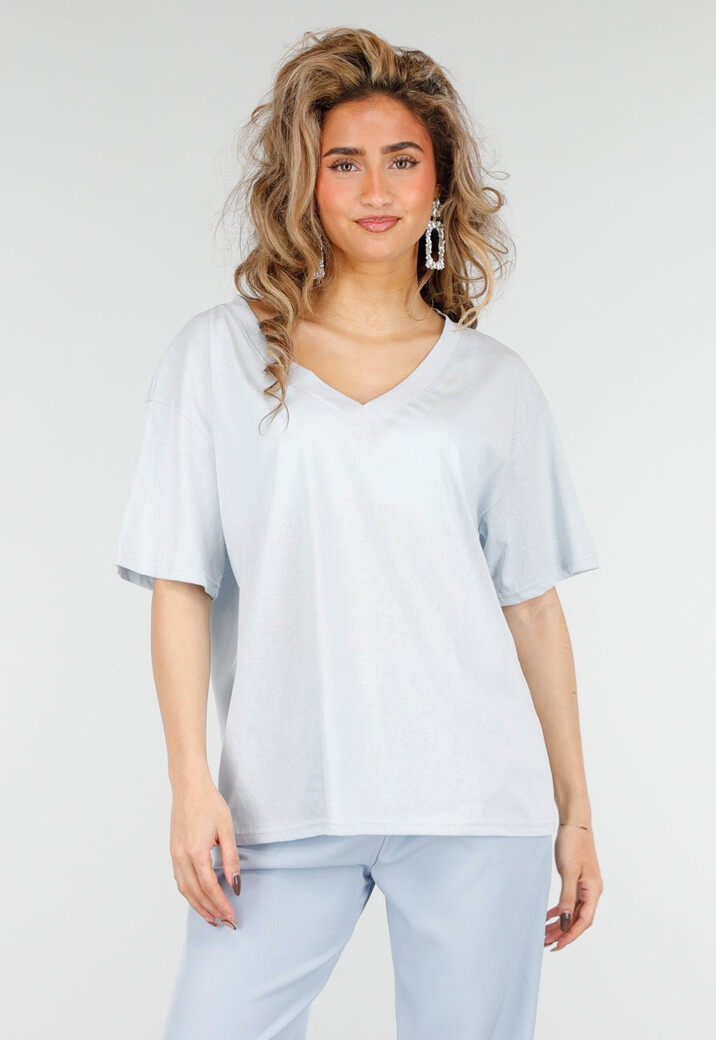 Lichtblauw Katoenen T Shirt met V Hals