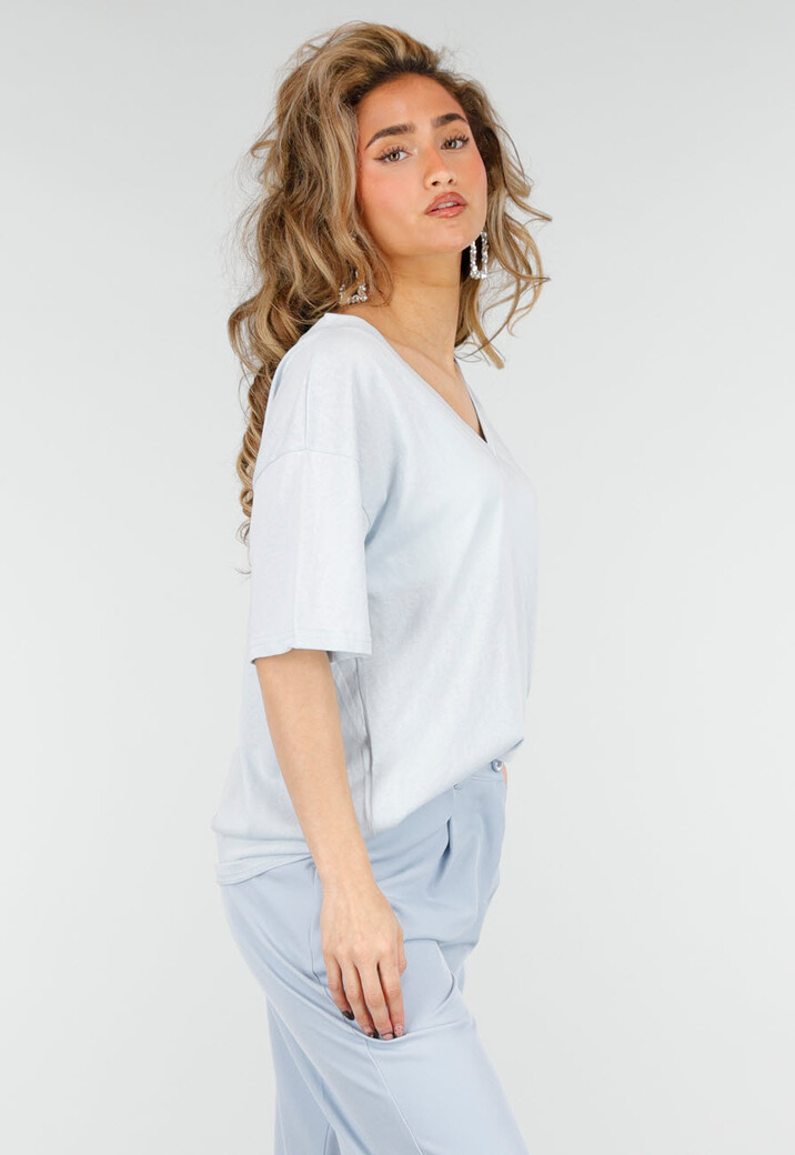 Lichtblauw Katoenen T Shirt met V Hals