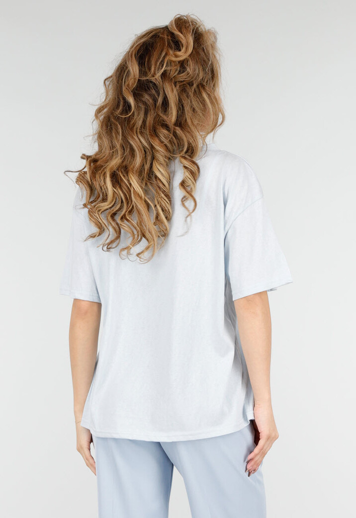 Lichtblauw Katoenen T Shirt met V Hals