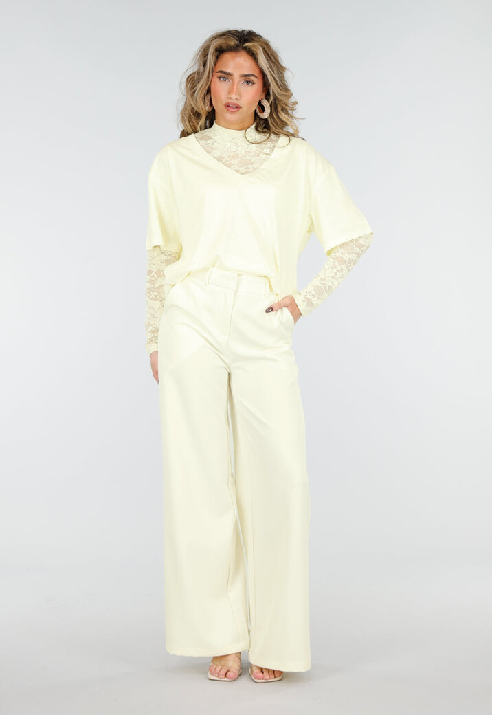 Lichtgeel V Hals T Shirt van Katoen