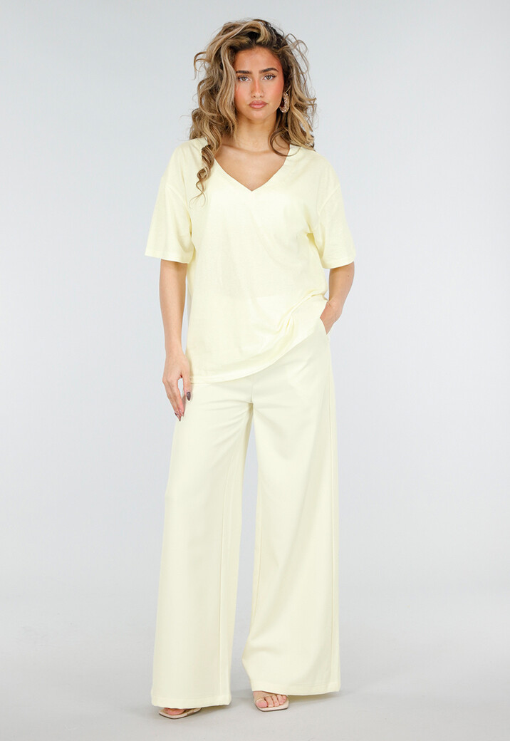 Lichtgeel V Hals T Shirt van Katoen