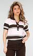 Lichtroze en Bruin Gestreepte Gebreide Polo Top met Stretch