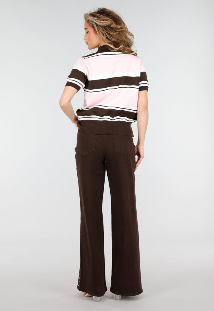 Lichtroze en Bruin Gestreepte Gebreide Polo Top met Stretch