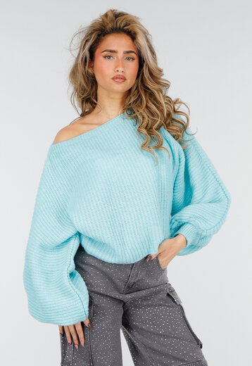 Felcia Elegante gebreide coltrui voor dames met lange mouwen, off-shoulder, geribbelde toppen, rekbare slanke pasvorm, esthetische kleding, B-Blauw, M