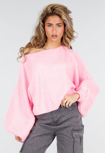 Roze Gebreide Trui met Ballonmouwen