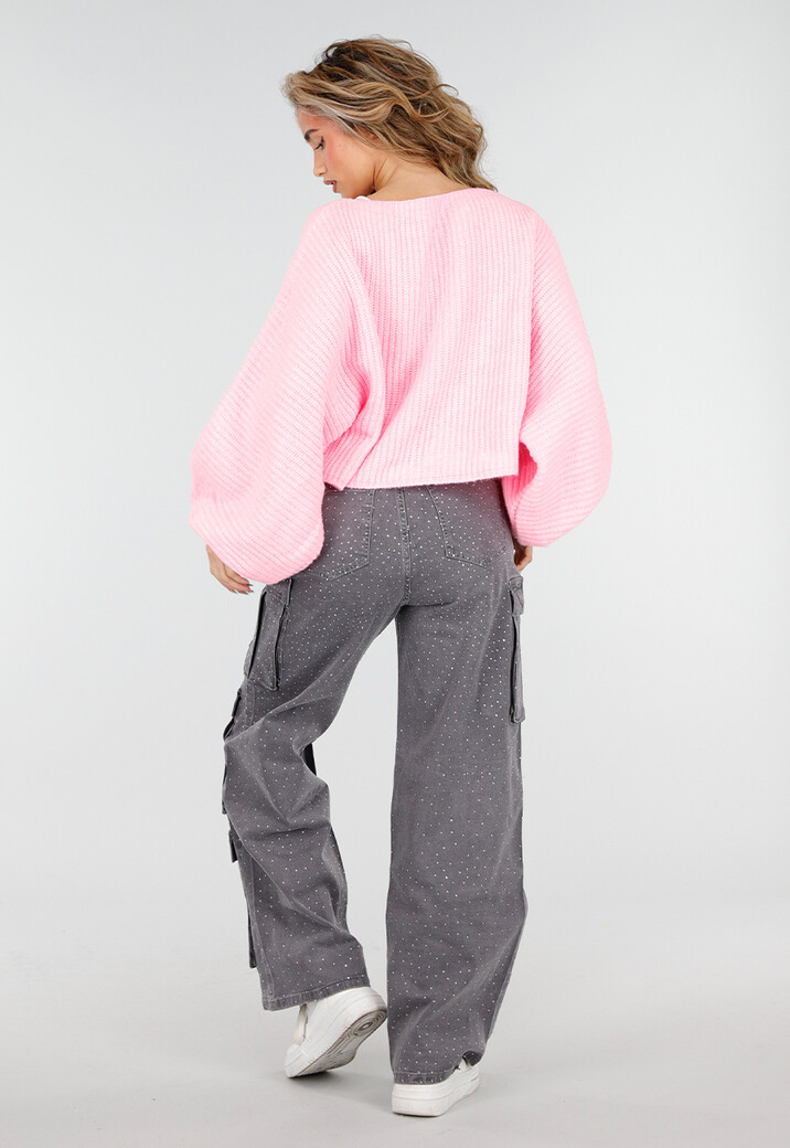 Roze Gebreide Trui met Ballonmouwen