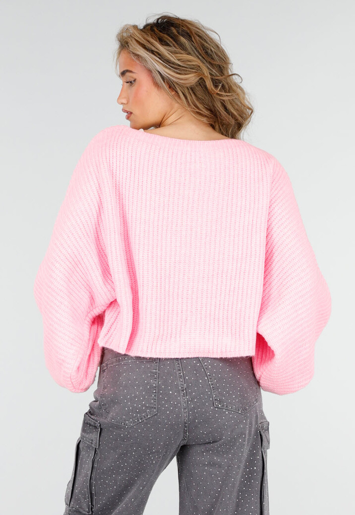 Roze Gebreide Trui met Ballonmouwen