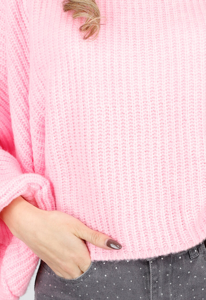 Roze Gebreide Trui met Ballonmouwen