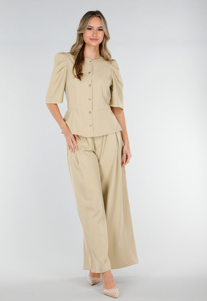 Beige Wide Leg Pantalon met Plooien en Stretch