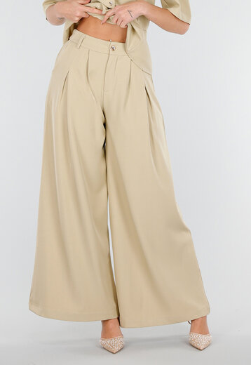 Beige Wide Leg Pantalon met Plooien