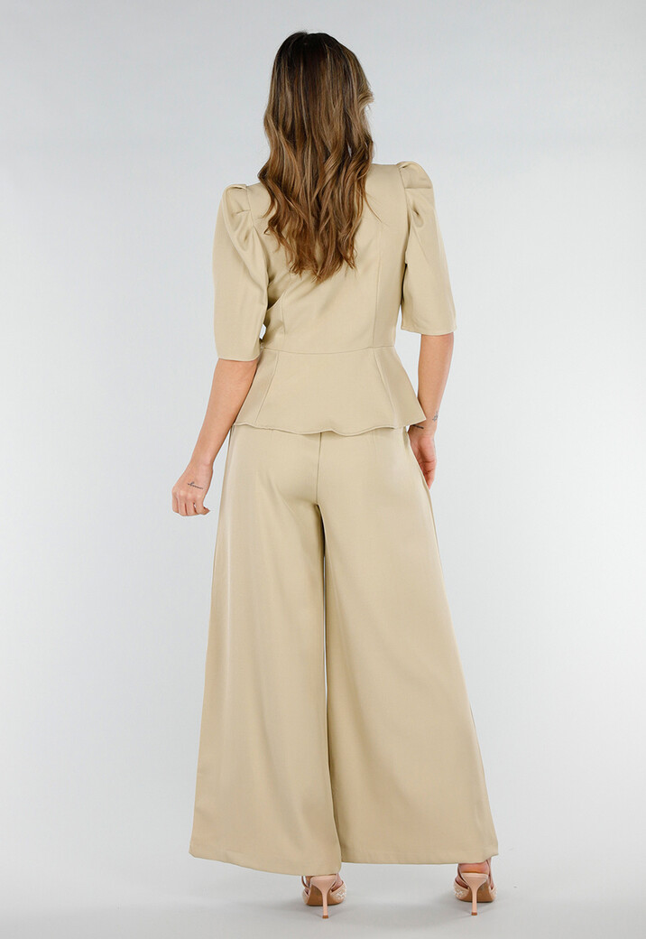 Beige Wide Leg Pantalon met Plooien en Stretch