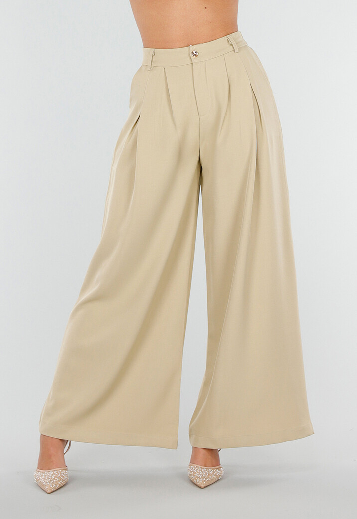 Beige Wide Leg Pantalon met Plooien en Stretch