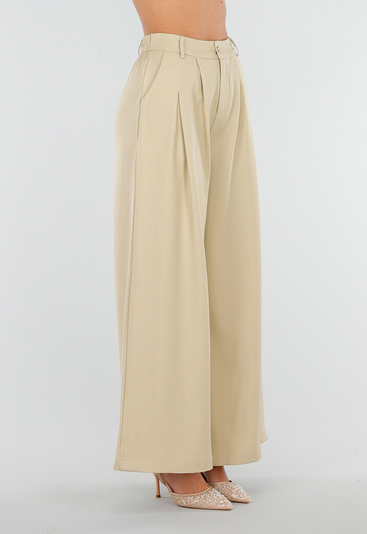Beige Wide Leg Pantalon met Plooien en Stretch