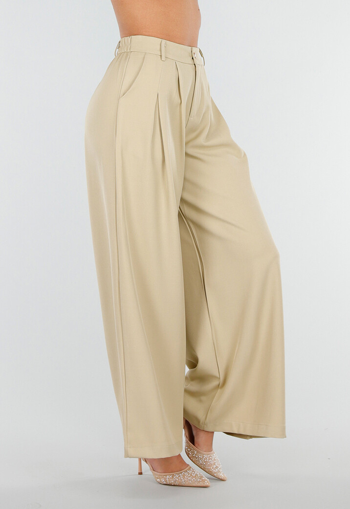Beige Wide Leg Pantalon met Plooien en Stretch