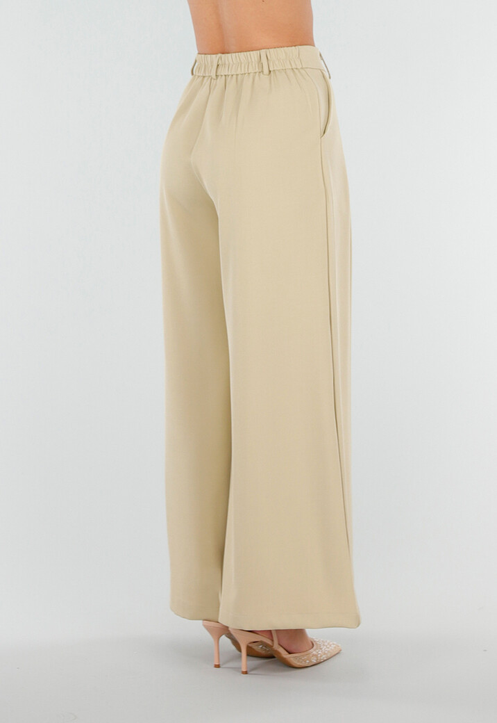 Beige Wide Leg Pantalon met Plooien en Stretch