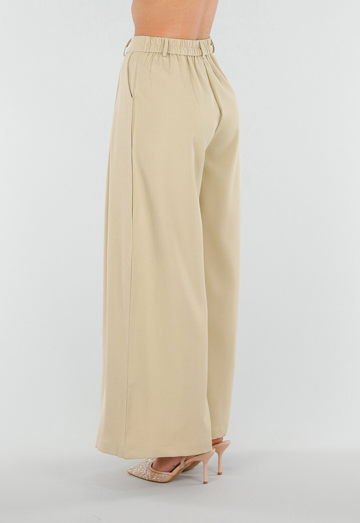 Beige Wide Leg Pantalon met Plooien en Stretch