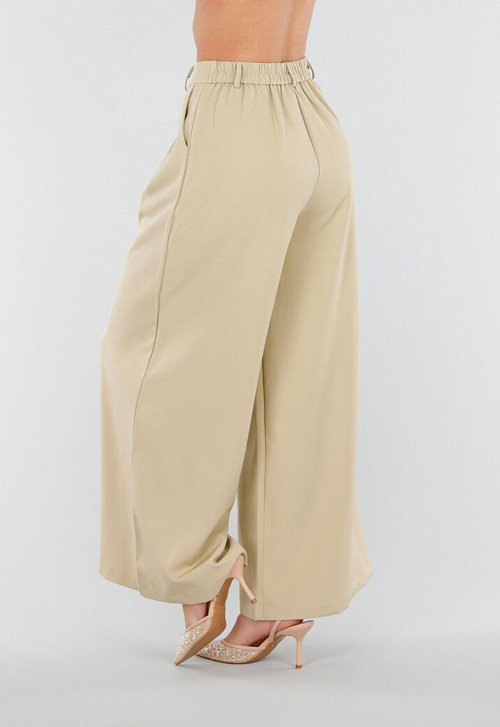 Beige Wide Leg Pantalon met Plooien en Stretch