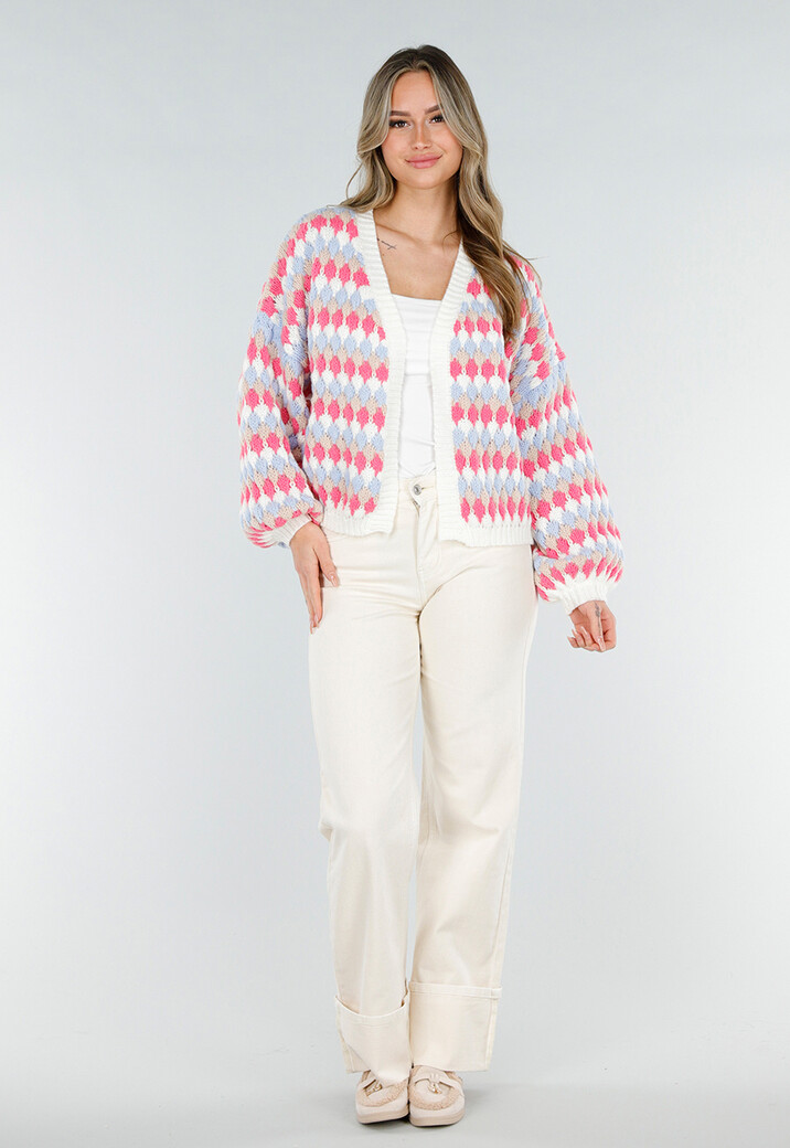 Gebreid Vest met Roze en Blauwe Ruitprint