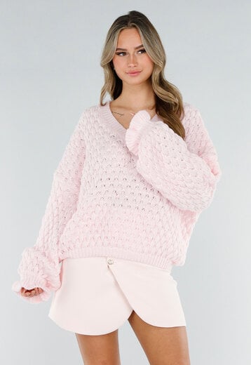 Lichtroze Gebreide Trui met V-Hals