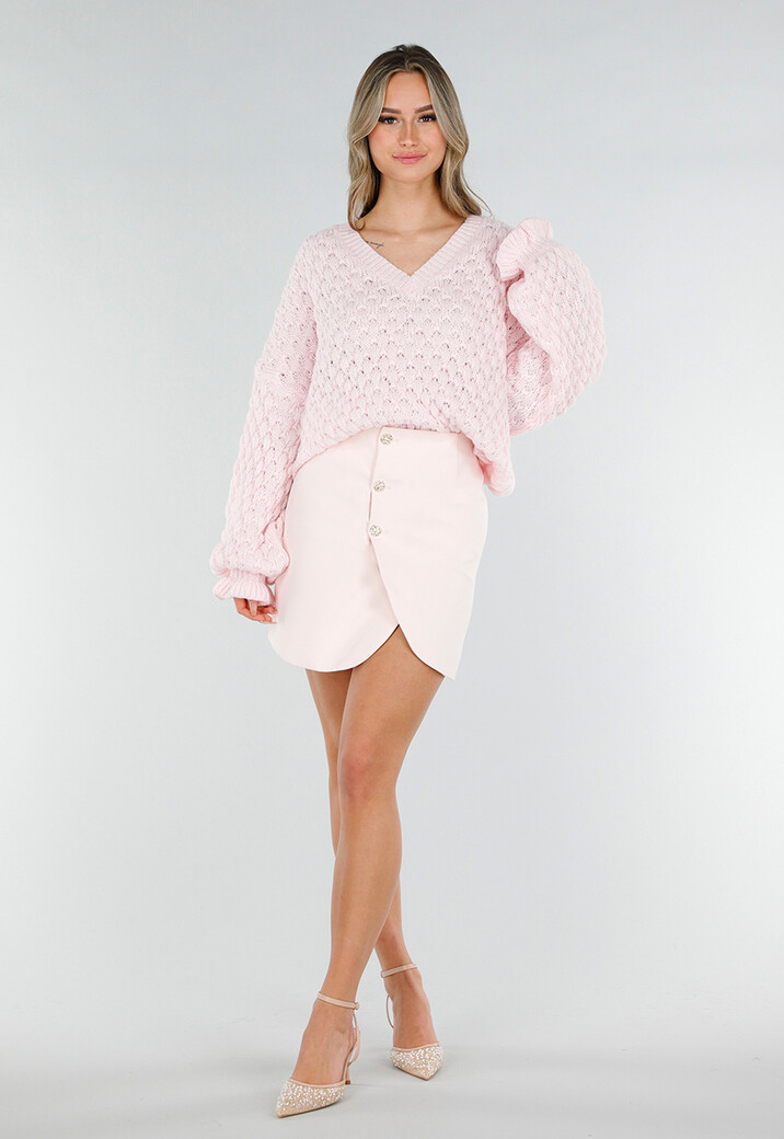 Lichtroze Gebreide Trui met V Hals