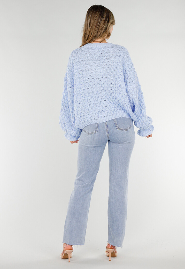 Lichtblauwe Gebreide Trui met V Hals