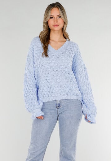 Lichtblauwe Gebreide Trui met V-Hals