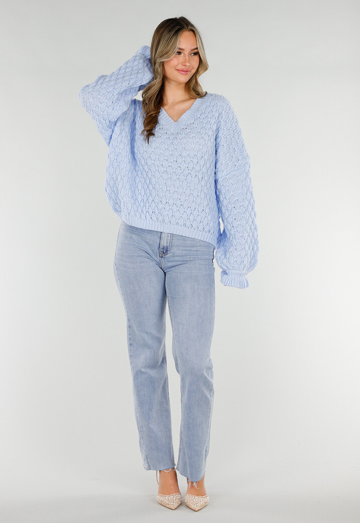 Lichtblauwe Gebreide Trui met V Hals